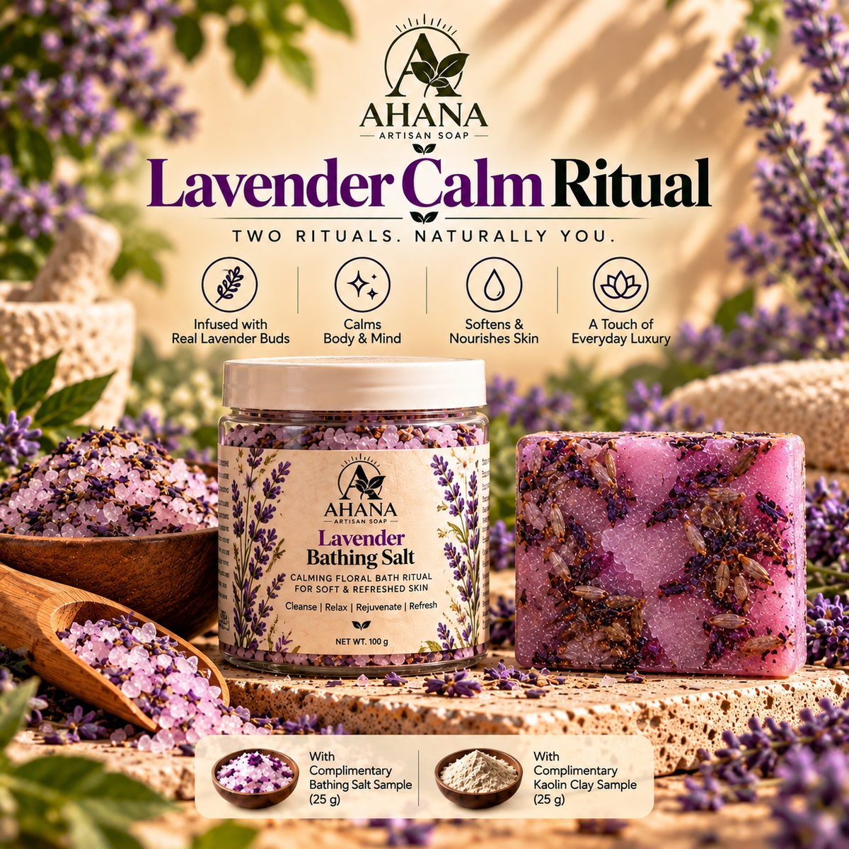 AHANA Lavender Calm Ritual — Lavender Dusk Soap & Lavender Bathing Salt