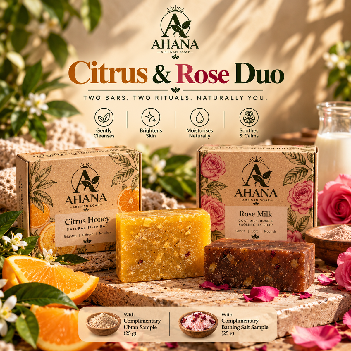 AHANA Citrus & Rose Duo — Citrus Honey & Rose Milk Soaps