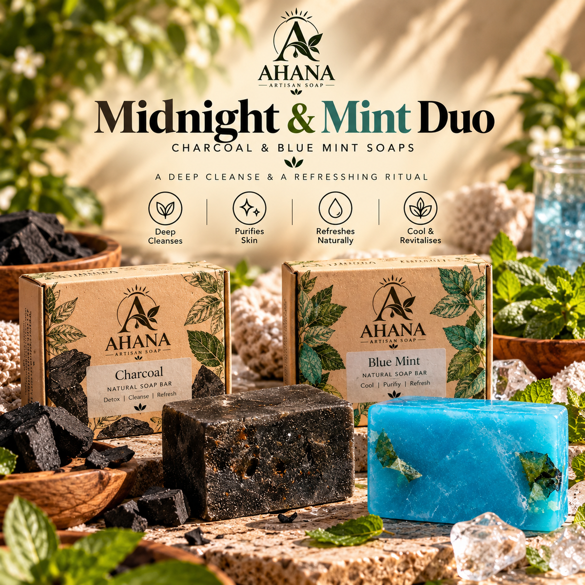 AHANA Midnight & Mint Duo — Charcoal & Blue Mint Soaps