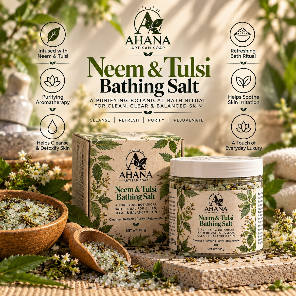 AHANA Fresh & Green Ritual — Blue Mint & Neem & Aloe Soaps with Neem & Tulsi Bathing Salt