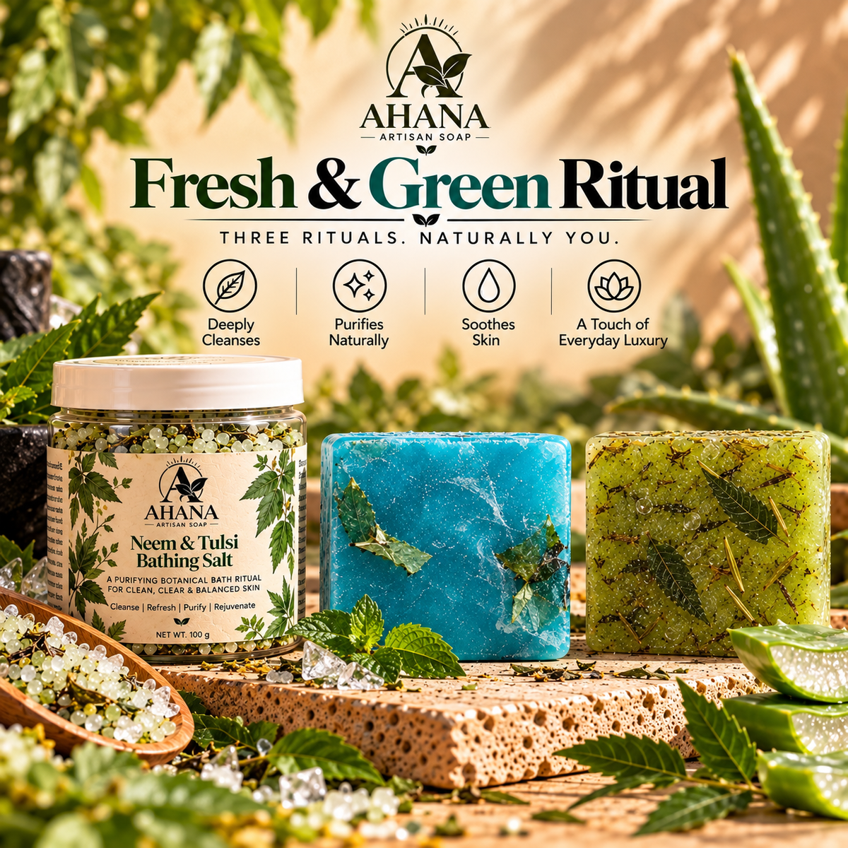 AHANA Fresh & Green Ritual — Blue Mint & Neem & Aloe Soaps with Neem & Tulsi Bathing Salt