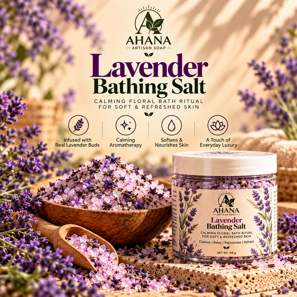 AHANA Lavender Calm Ritual — Lavender Dusk Soap & Lavender Bathing Salt
