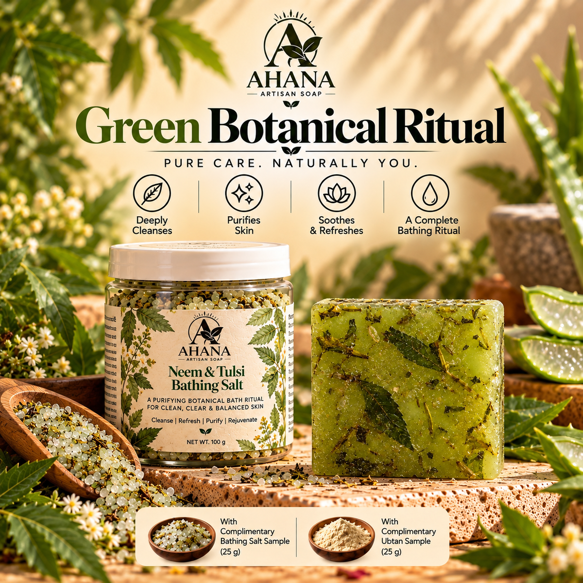 AHANA Green Botanical Ritual — Neem & Aloe Soap & Neem & Tulsi Bathing Salt