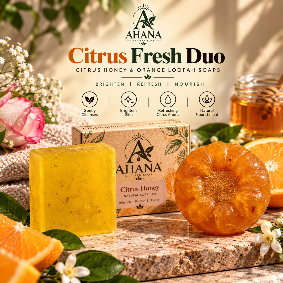 AHANA Citrus Fresh Duo — Citrus Honey & Orange Loofah Soaps