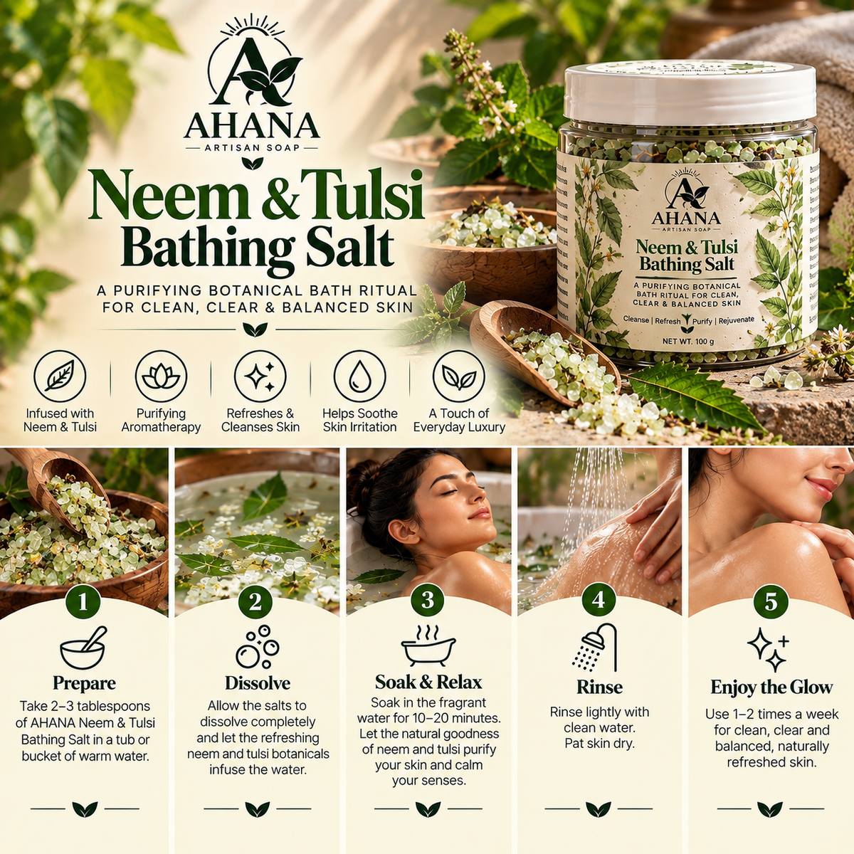 AHANA Fresh & Green Ritual — Blue Mint & Neem & Aloe Soaps with Neem & Tulsi Bathing Salt